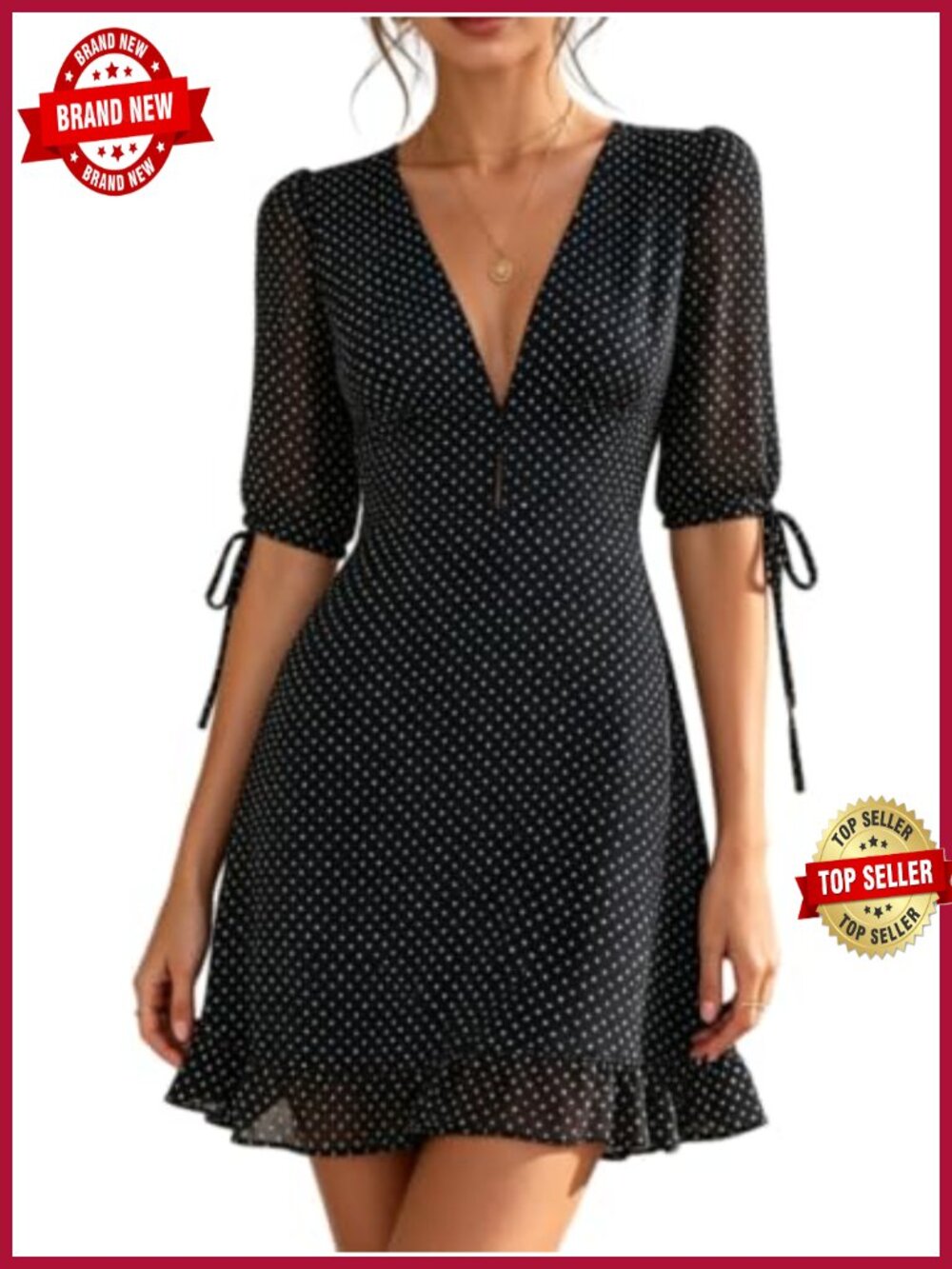 Polka Dot Mini Dress Deep V Neck High Waisted Ruched A-Line Flounce